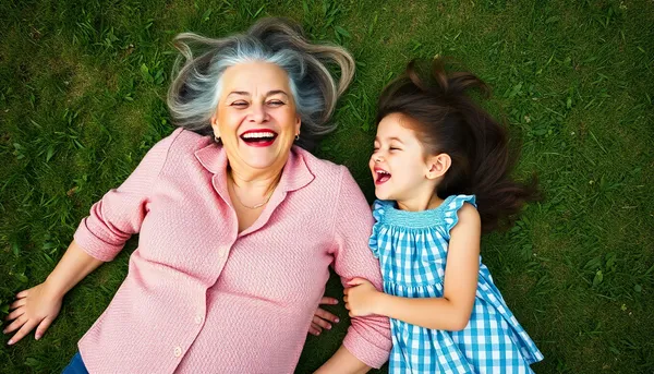 Grandmother and granddaughter laughing together while playing on the grass